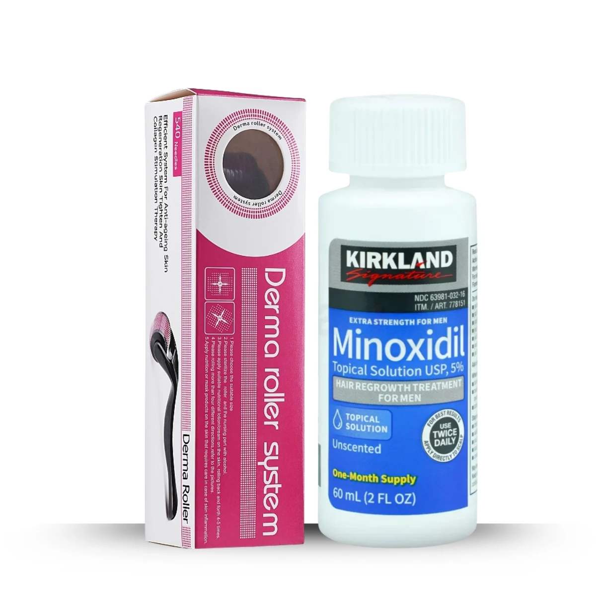 Kirkland Minoxidil 5% with 540 Needles Derma Roller Combo - Hair & Beard Regrowth Kit