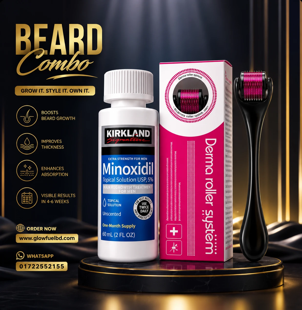 Kirkland Minoxidil 5% with 540 Needles Derma Roller Combo - Hair & Beard Regrowth Kit - Image 2
