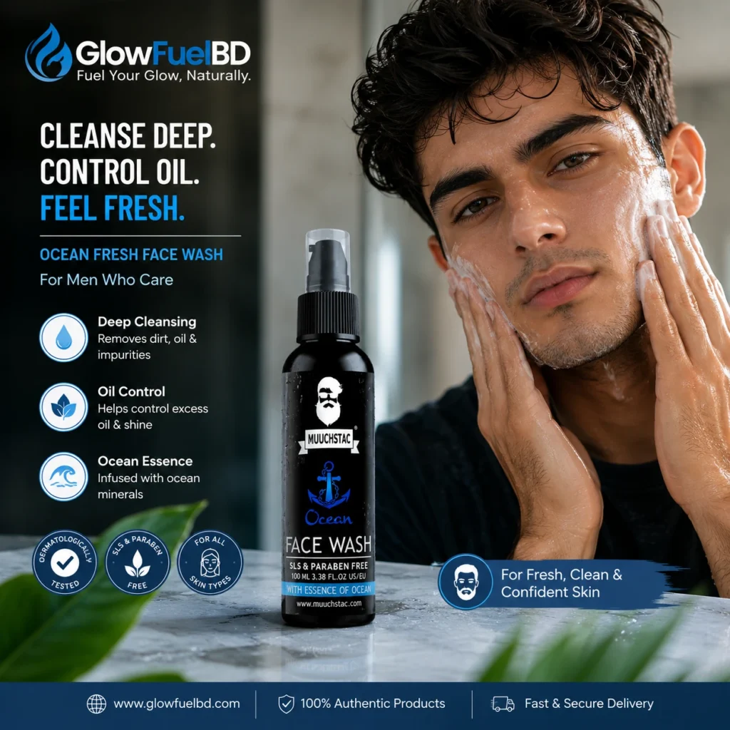 Man washing his face with Muuchstac Ocean Face Wash for deep cleansing and oil control