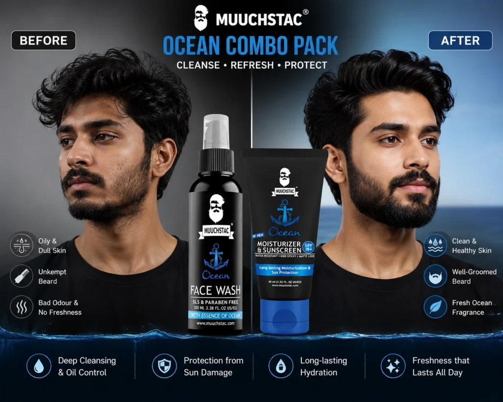 Before and after comparison showing the grooming results of Muuchstac Ocean Combo Pack for men with a cleaner, fresher, and healthier appearance.