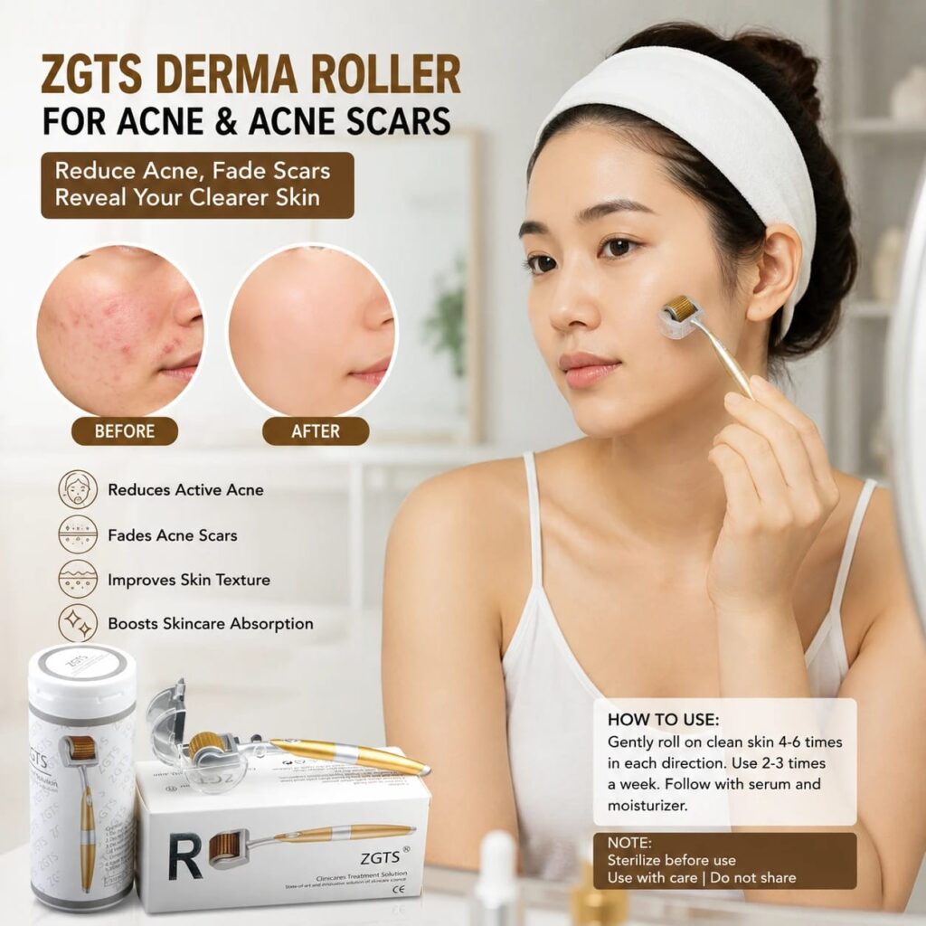 ZGTS Derma Roller 192 Titanium Needles before and after results for fading acne scars and improving skin texture.