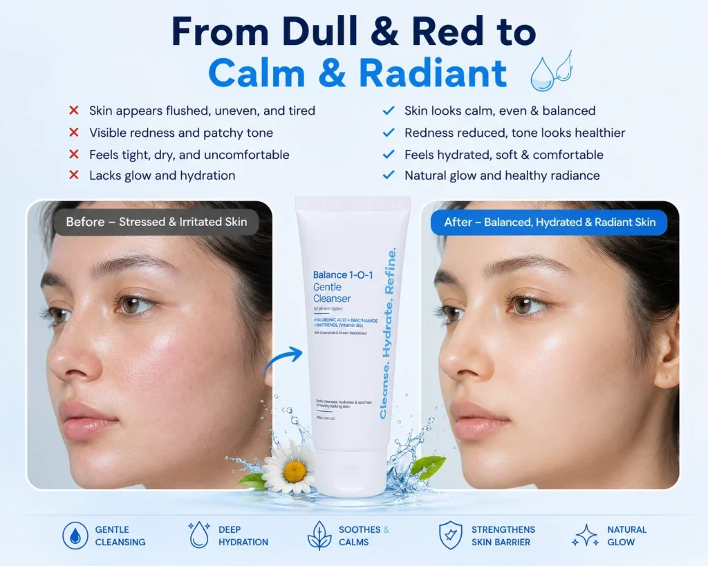 Before and after results of SAYY Balance 1-O-1 Gentle Hydrating Face Cleanser showing reduced redness, hydrated skin, and a calm radiant complexion.