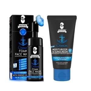 Muuchstac Ocean Men’s Grooming Combo - Foam Face Wash (100ml) & Moisturizer + Sunscreen (45ml) for Deep Cleansing & Sun Protection