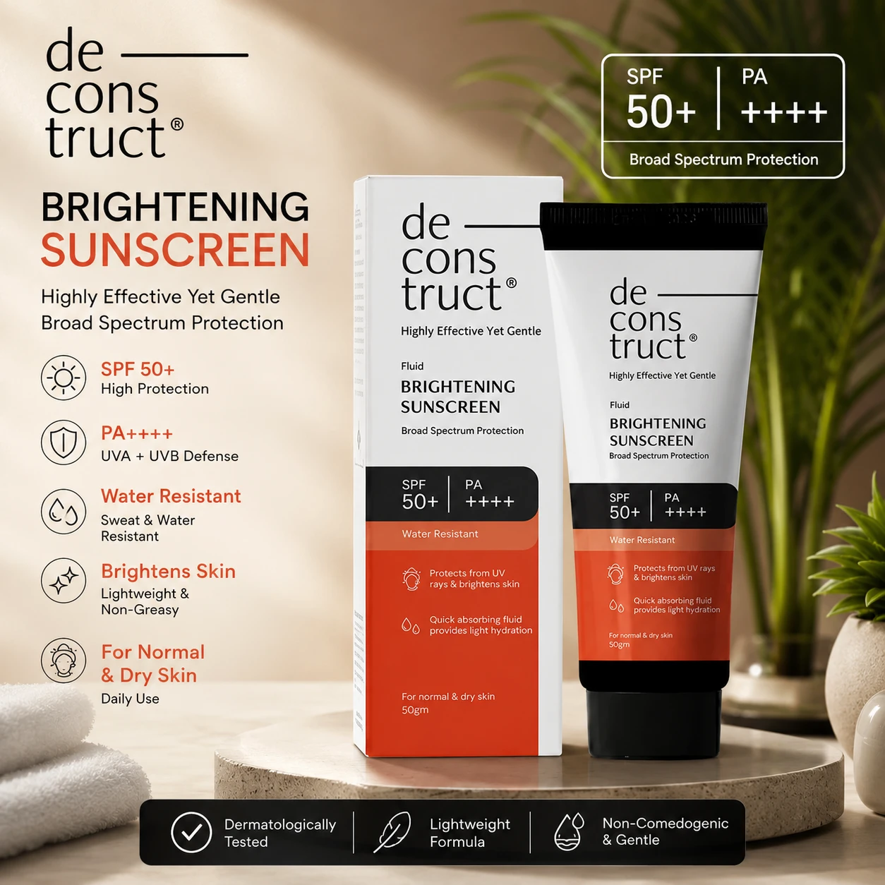 Deconstruct Brightening Sunscreen SPF 50+ product with original box for broad-spectrum daily sun protection