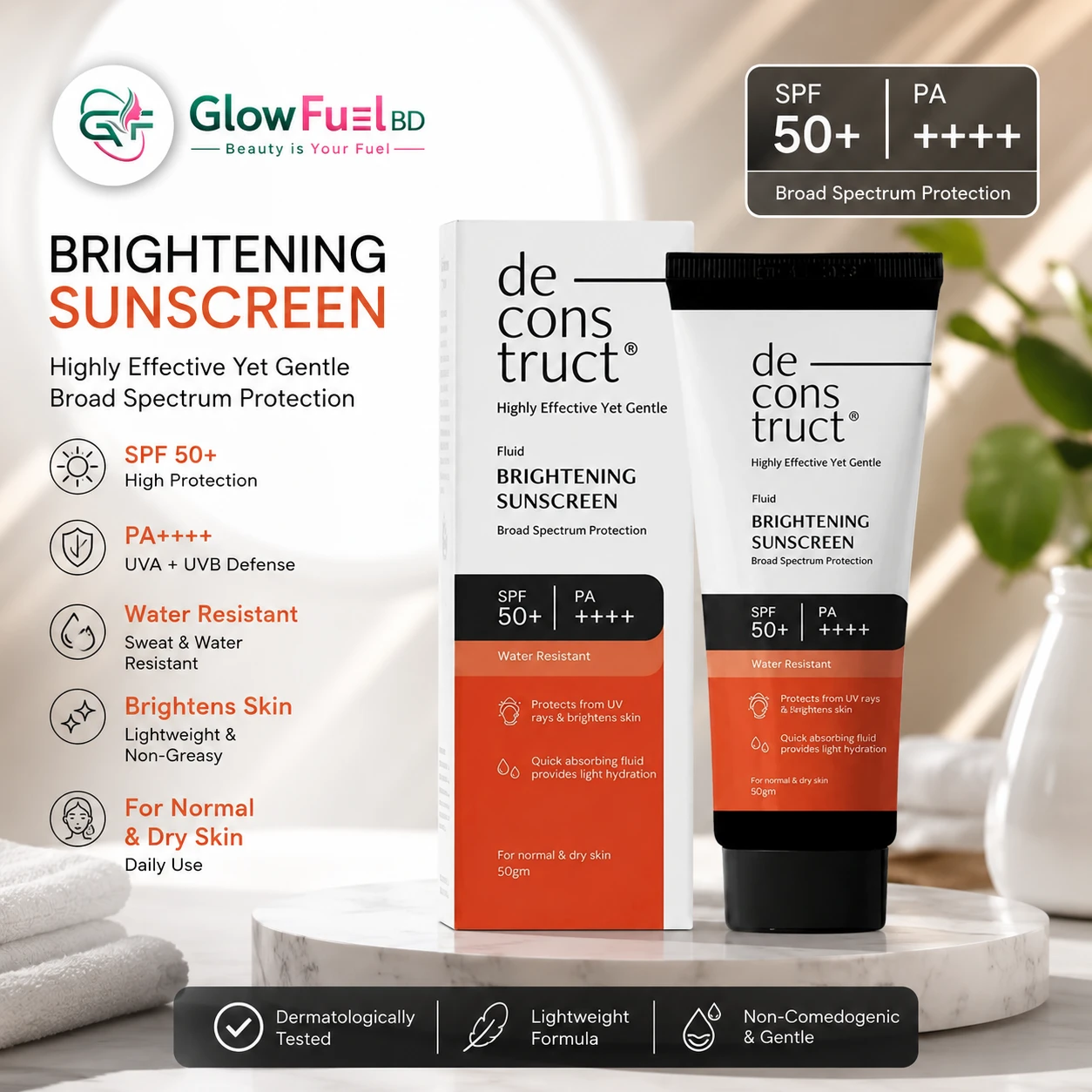 Deconstruct Brightening Sunscreen SPF 50+ product with packaging displayed by GlowFuelBD for daily broad-spectrum sun protection