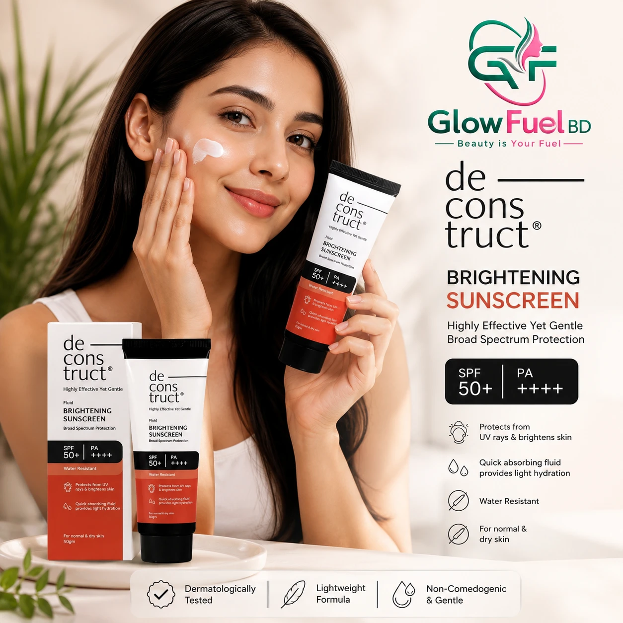 Woman applying Deconstruct Brightening Sunscreen SPF 50+ while holding the product for daily sun protection