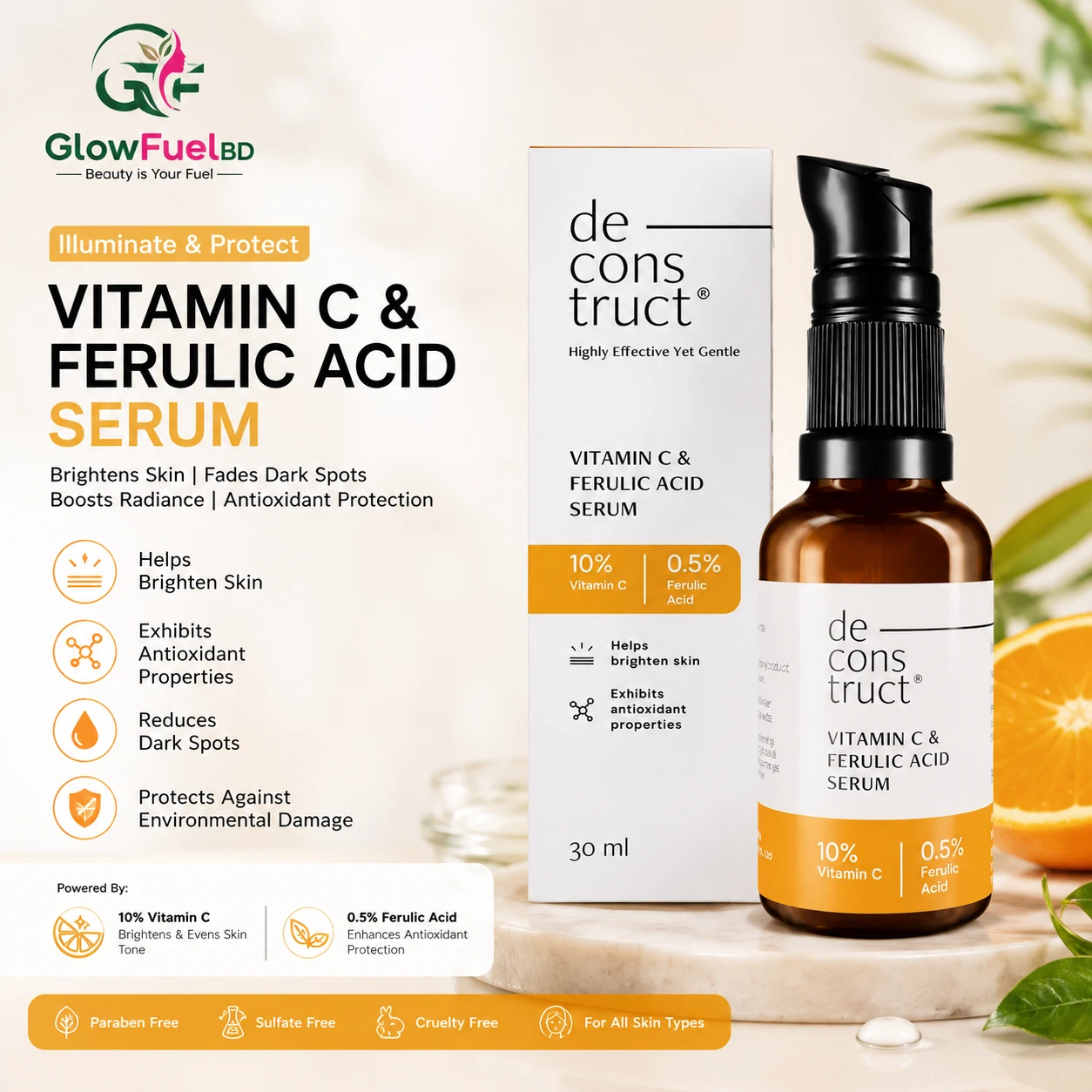 Deconstruct 10% Vitamin C and 0.5% Ferulic Acid Serum bottle and box placed on a marble surface with sliced orange and skin benefit highlights