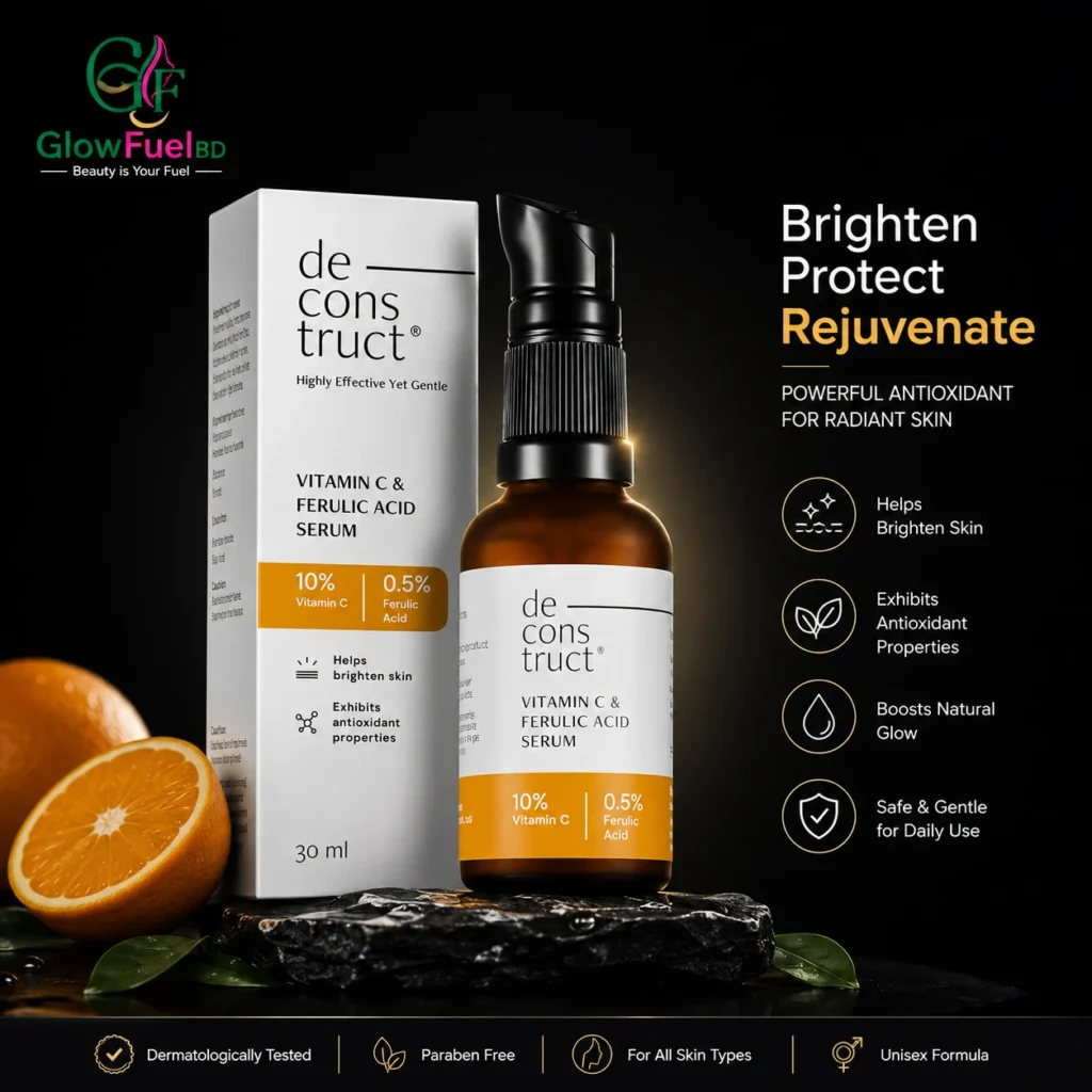 Deconstruct Vitamin C Serum price in Bangladesh banner featuring 10% Vitamin C 0.5% Ferulic Acid Serum bottle, fresh oranges, and GlowFuelBD branding