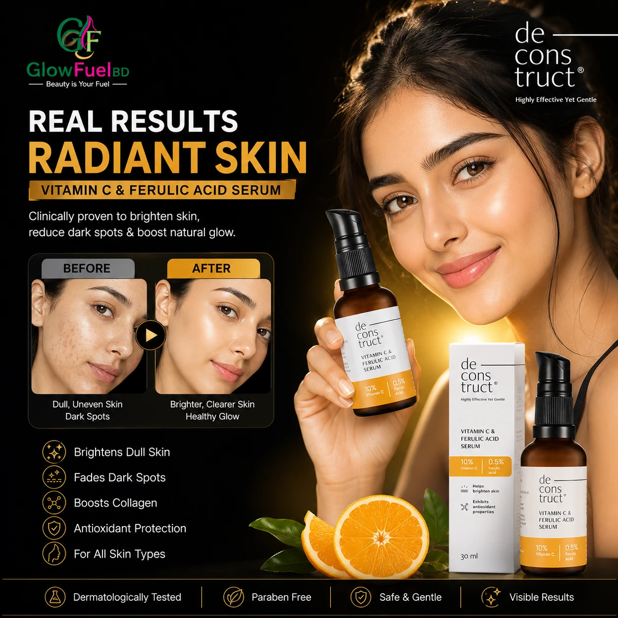 A model holding Deconstruct Vitamin C and Ferulic Acid Serum bottle with before and after skin brightening result comparison