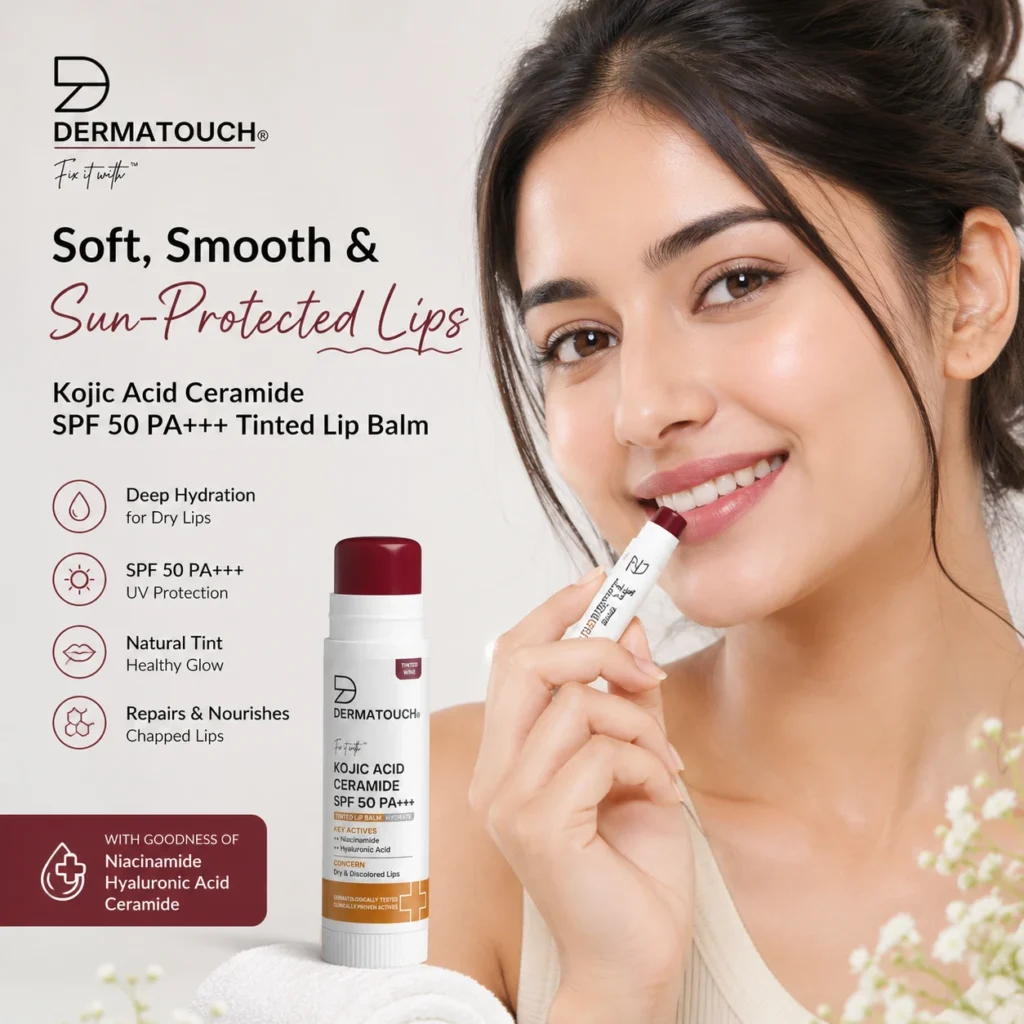 Dermatouch Kojic Acid Ceramide SPF 50 PA+++ Tinted Lip Balm Tinted Wine Shade for Lip Brightening and Sun Protection