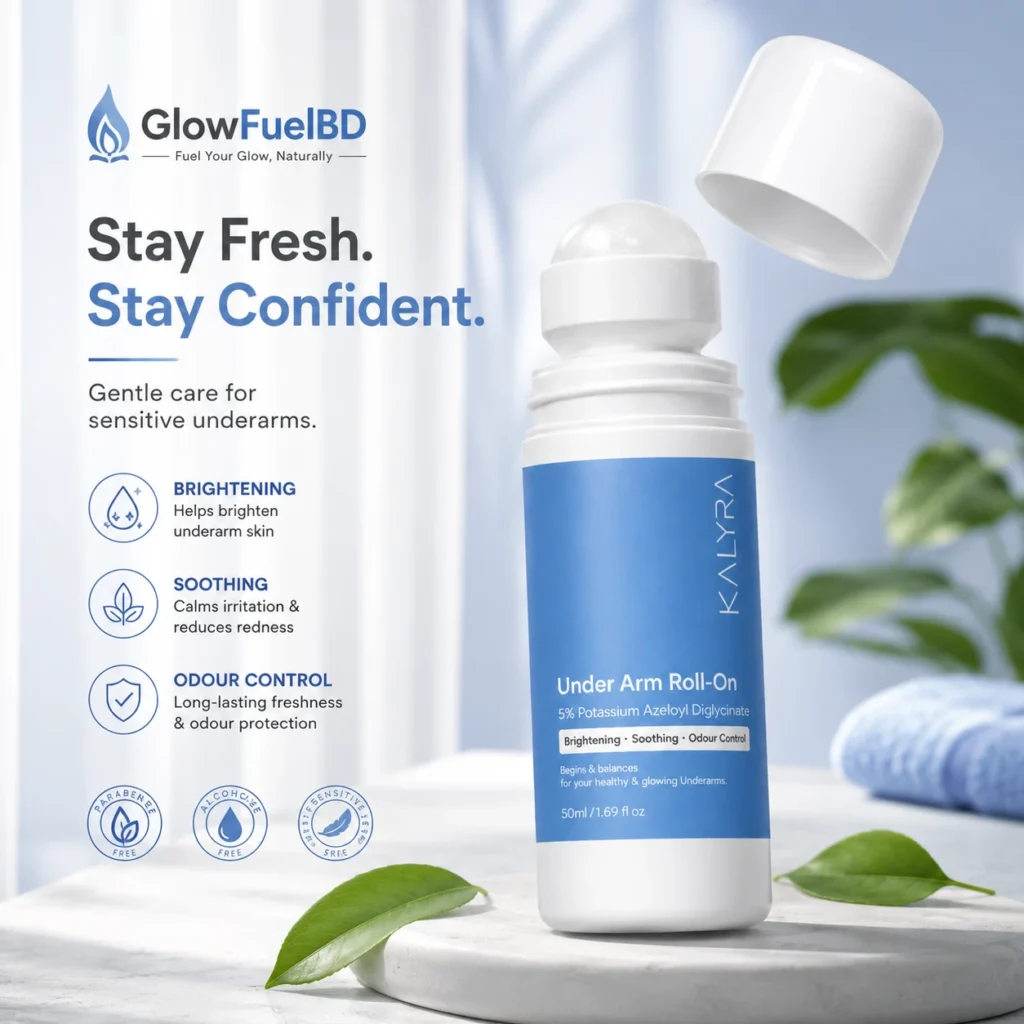 Sayy Kalyra Underarm Roll-On bottle on display at GlowFuelBD featuring 5 percent Potassium Azeloyl Diglycinate for brightening and odor control