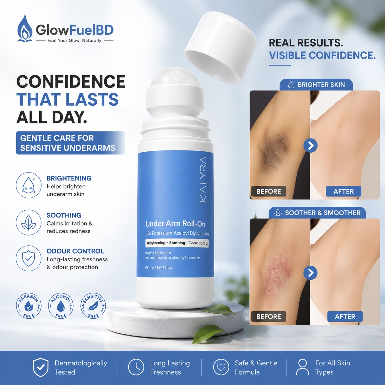 Sayy Kalyra Underarm Roll-On before and after results showing underarm skin brightening and post-shave soothing at GlowFuelBD