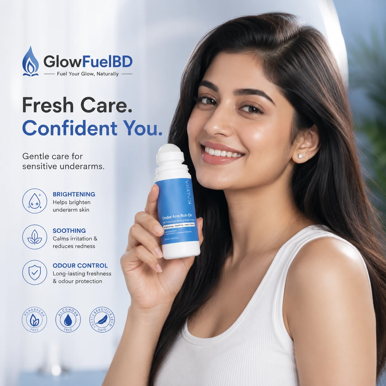 GlowFuelBD promo banner for Sayy Kalyra Underarm Roll-On featuring brightening, soothing, and odour control benefits
