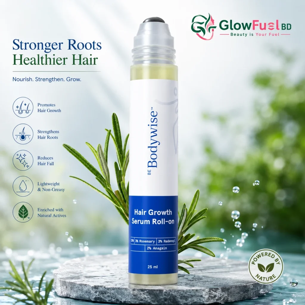 Be Bodywise Hair Growth Serum Roll-on 25ml with Rosemary and natural actives displayed on a stone pedestal surrounded by water droplets available on GlowFuelBD