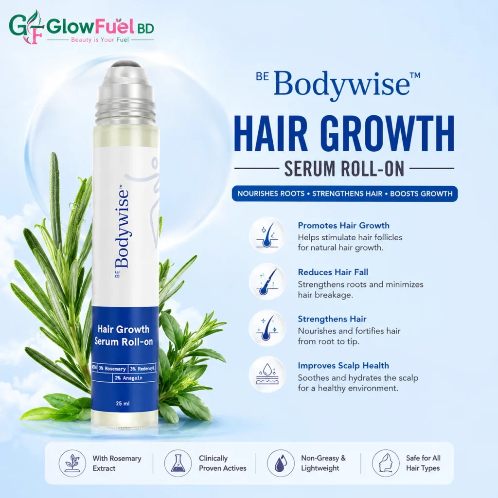 Be Bodywise Hair Growth Serum Roll-on 25ml with Rosemary and Redensyl for scalp treatment available on GlowFuelBD