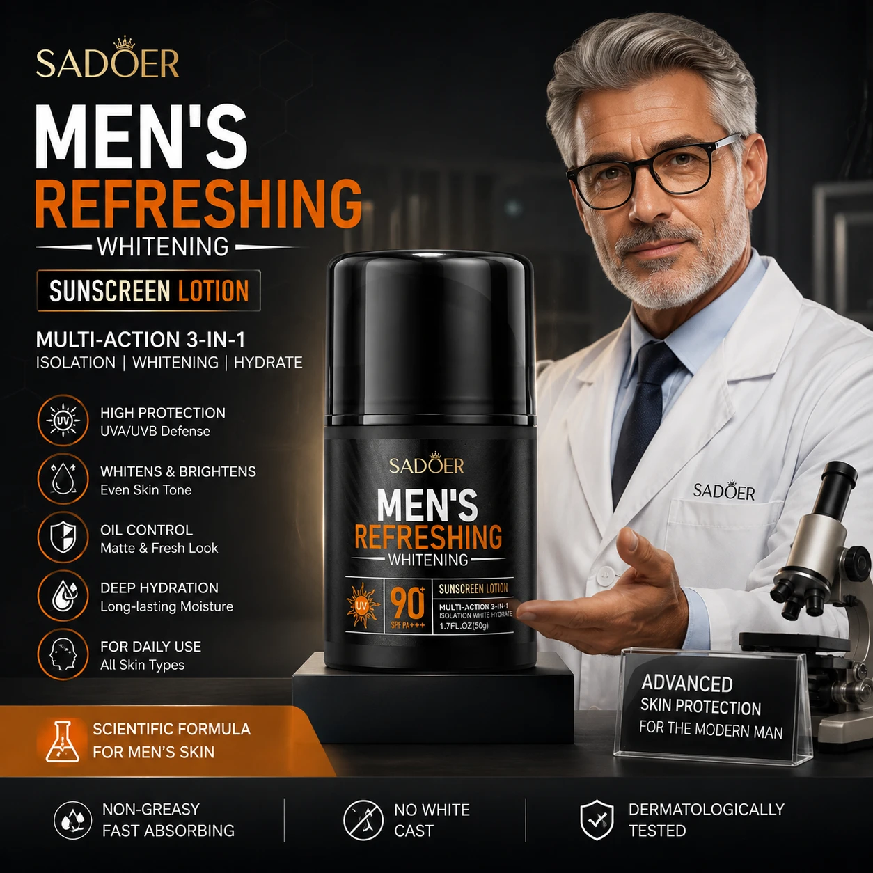 SADOER Men's Refreshing Whitening Sunscreen Lotion SPF 90 with dermatologist concept and product benefits