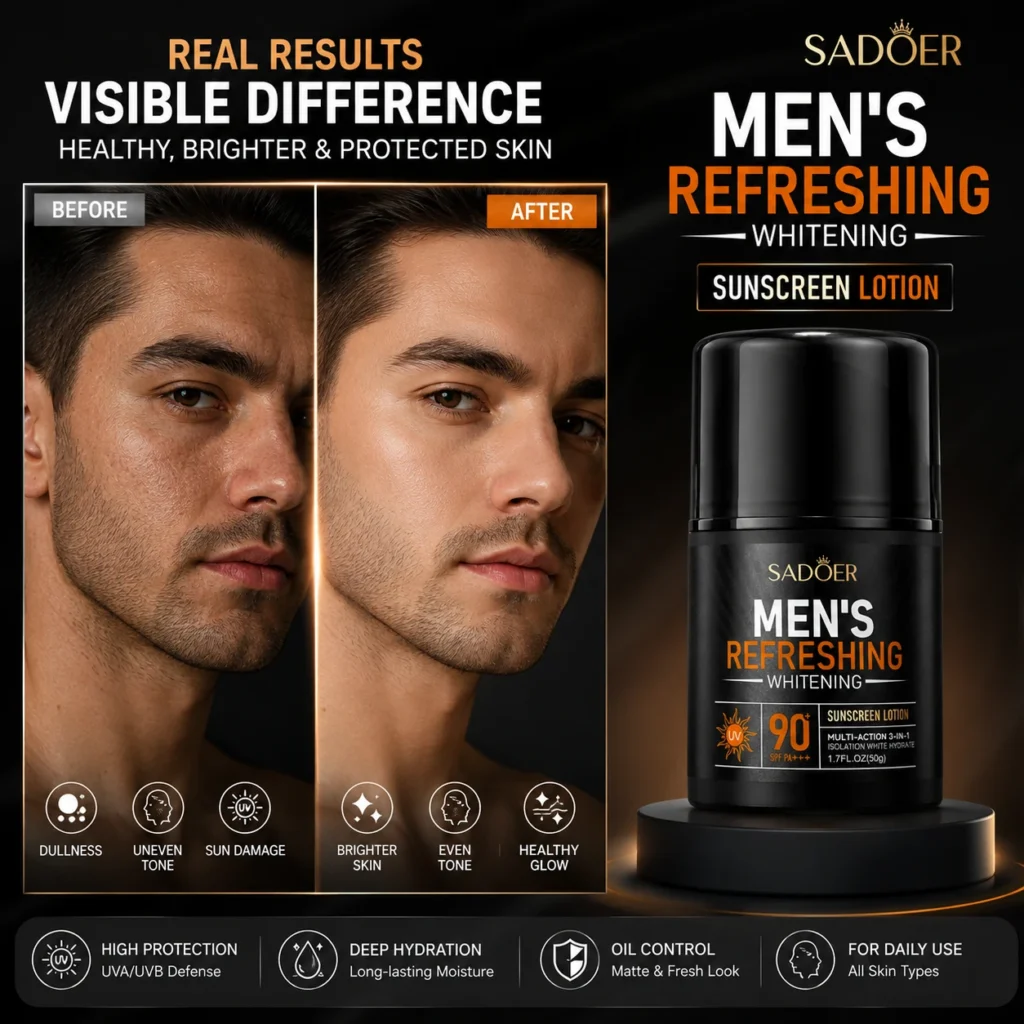 SADOER Men's Refreshing Whitening Sunscreen Lotion Before and After Visible Skin Results