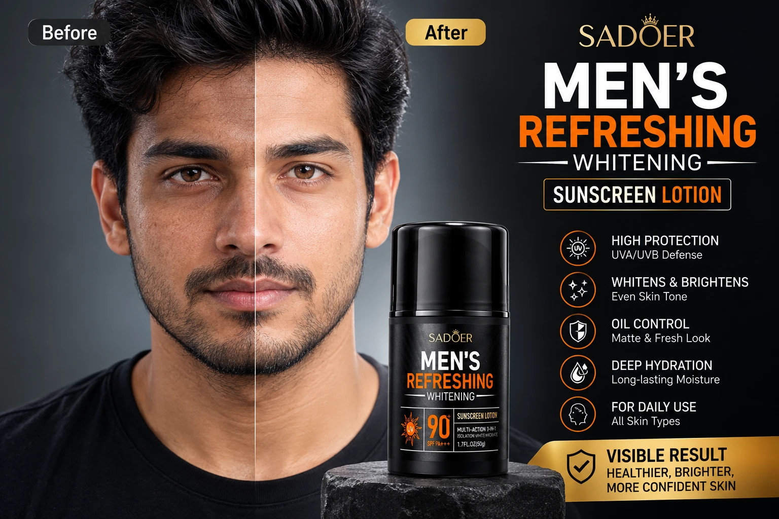 SADOER Men's Refreshing Whitening Sunscreen Lotion showing split face before and after results with SPF 90 protection