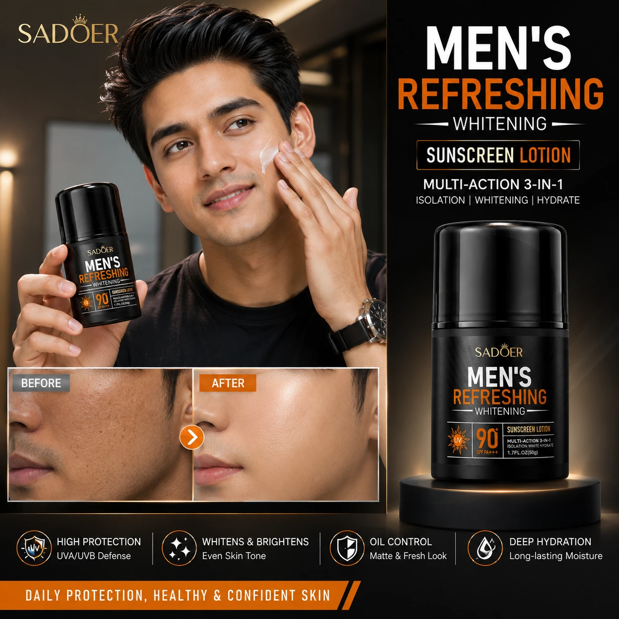 পুরুষদের জন্য SADOER SPF 90 রিফ্রেশিং হোয়াইটেনিং সানস্ক্রিন লোশন ব্যবহারের আগে ও পরে