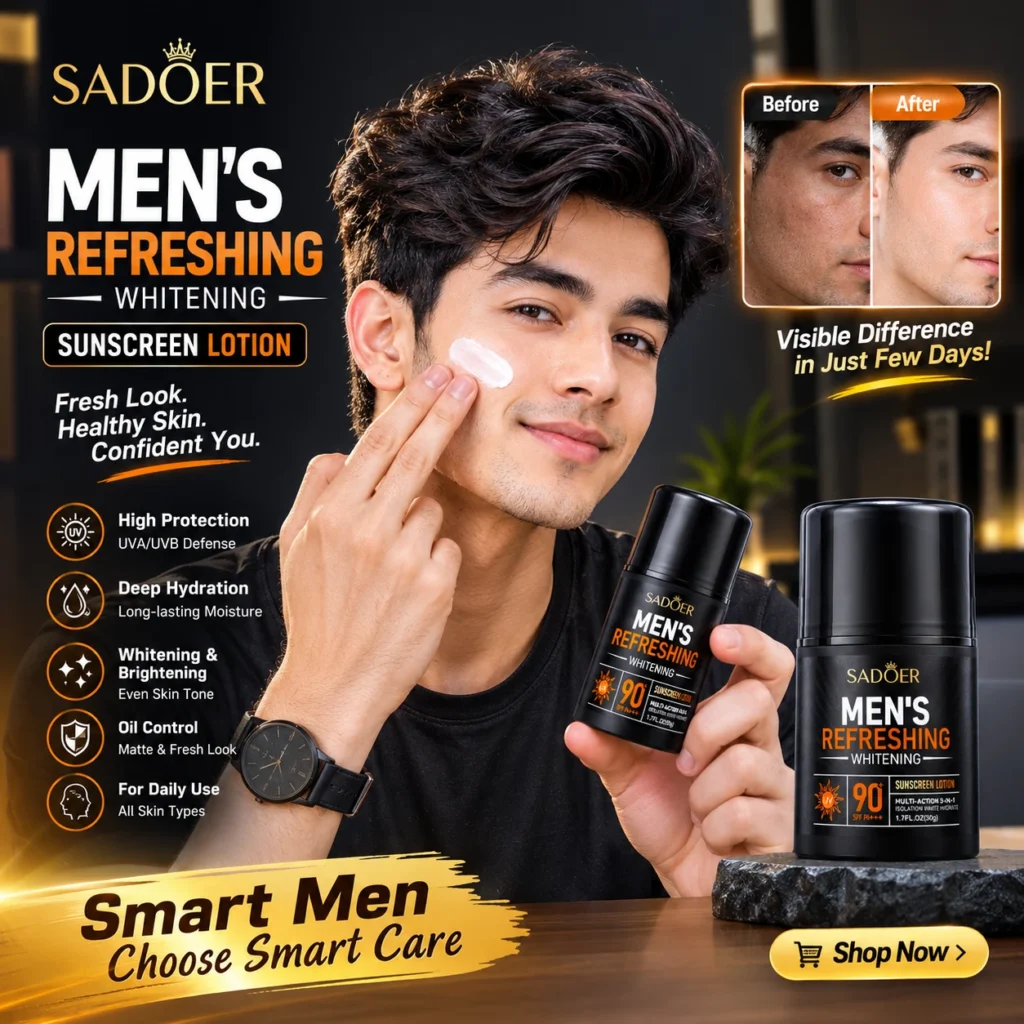 SADOER Men's Refreshing Whitening Sunscreen Lotion Banner with Before After Results