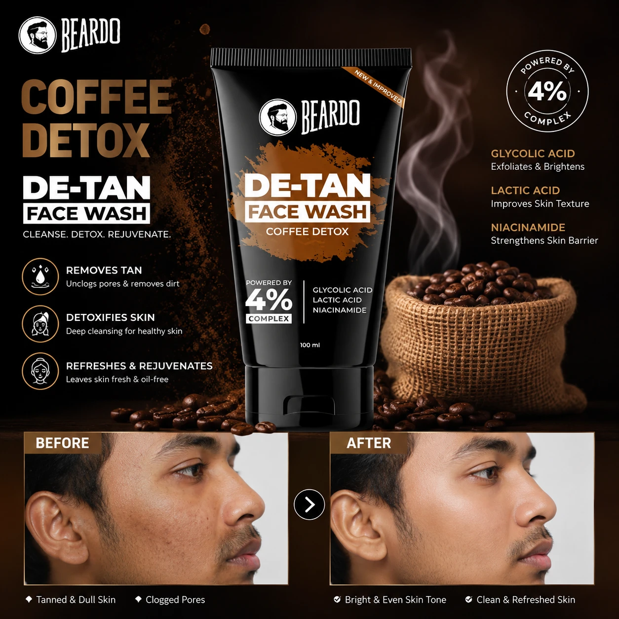 Beardo De-Tan Face Wash 100ml Before and After Results with Coffee Detox, Glycolic Acid, Lactic Acid & Niacinamide in Bangladesh