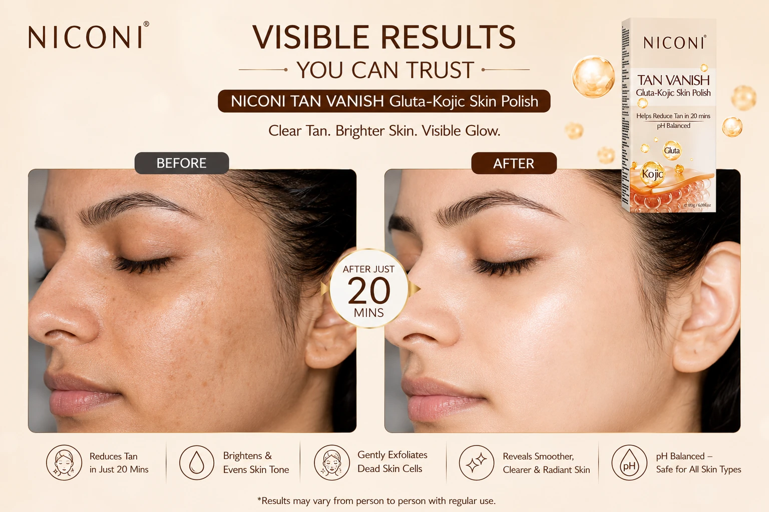 Niconi Tan Vanish Gluta Kojic Skin Polish price in Bangladesh – before and after tan removal results