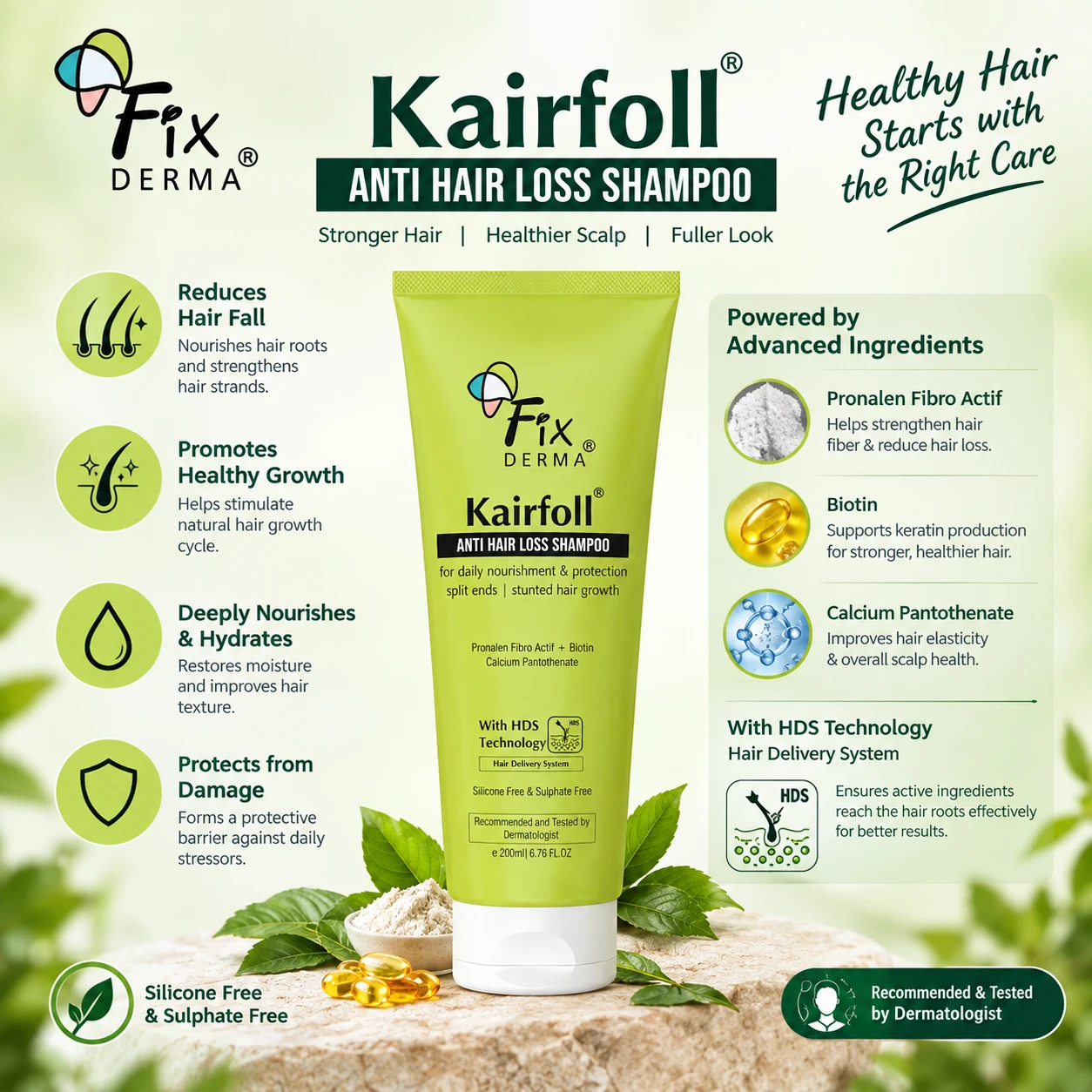 Fixderma Kairfoll Anti Hair Loss Shampoo 200ml with ProNalen Fibro Actif, Biotin and Calcium Pantothenate