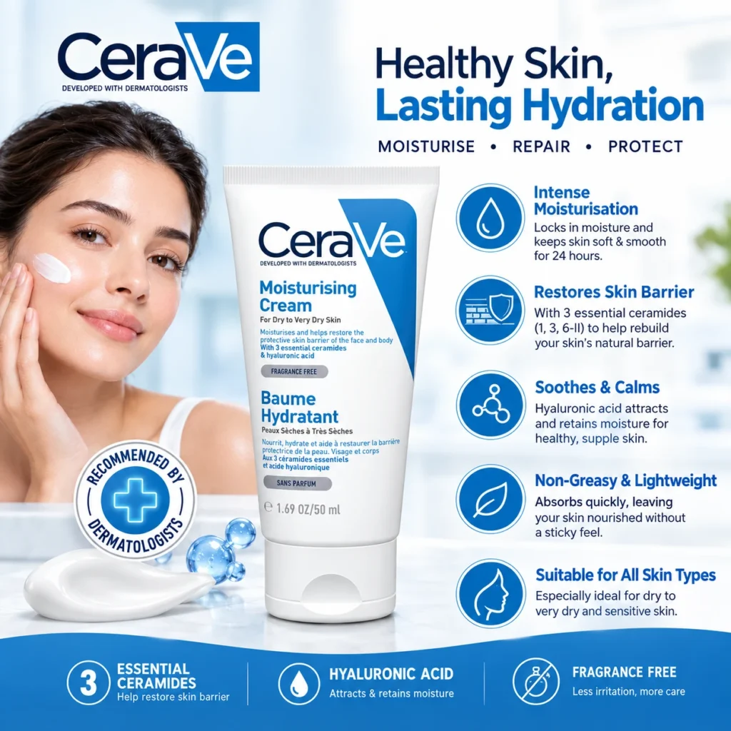 CeraVe moisturising cream with 3 ceramides and hyaluronic acid for dry skin