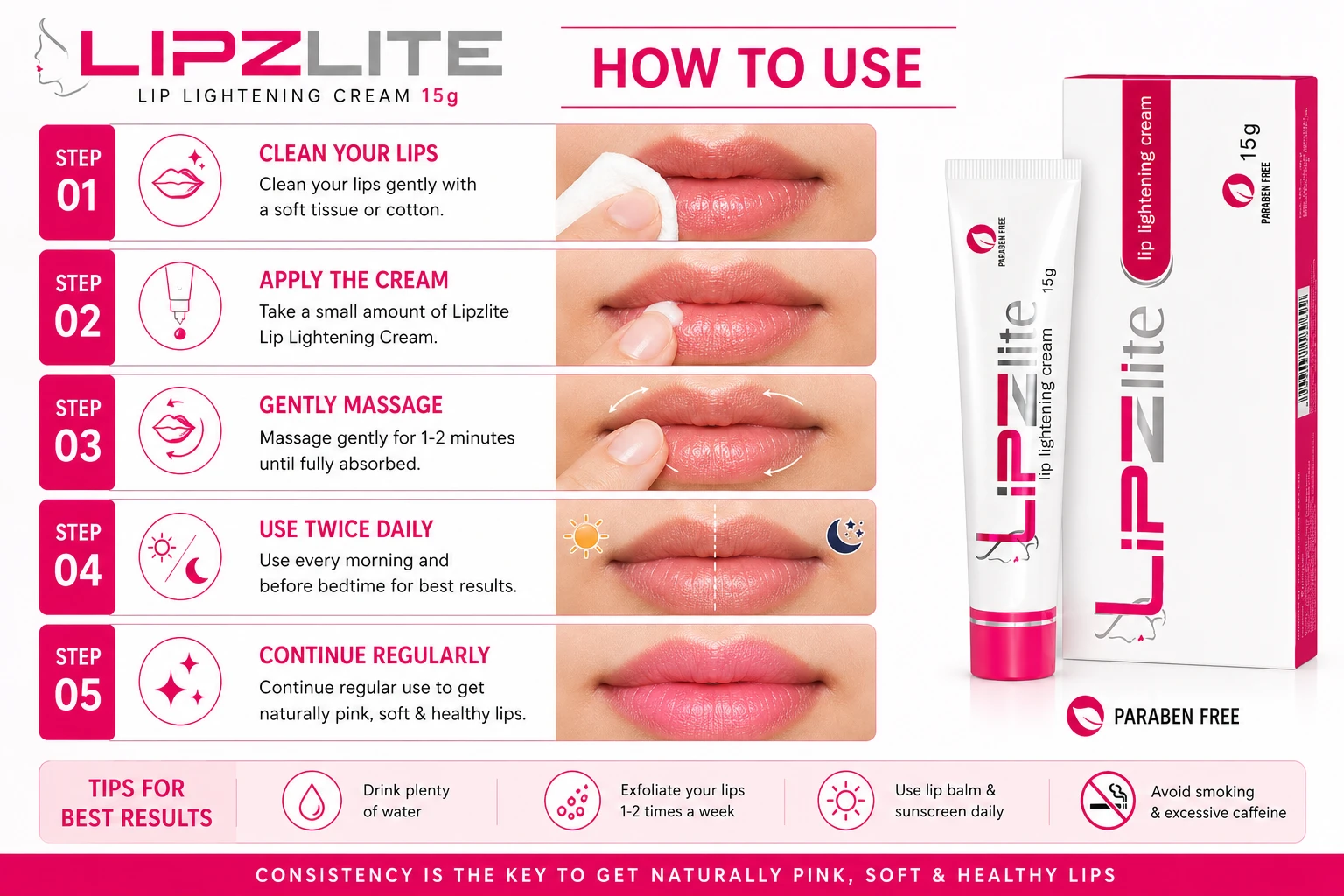 Step-by-step application of Lipzlite Lip Lightening Cream on lips