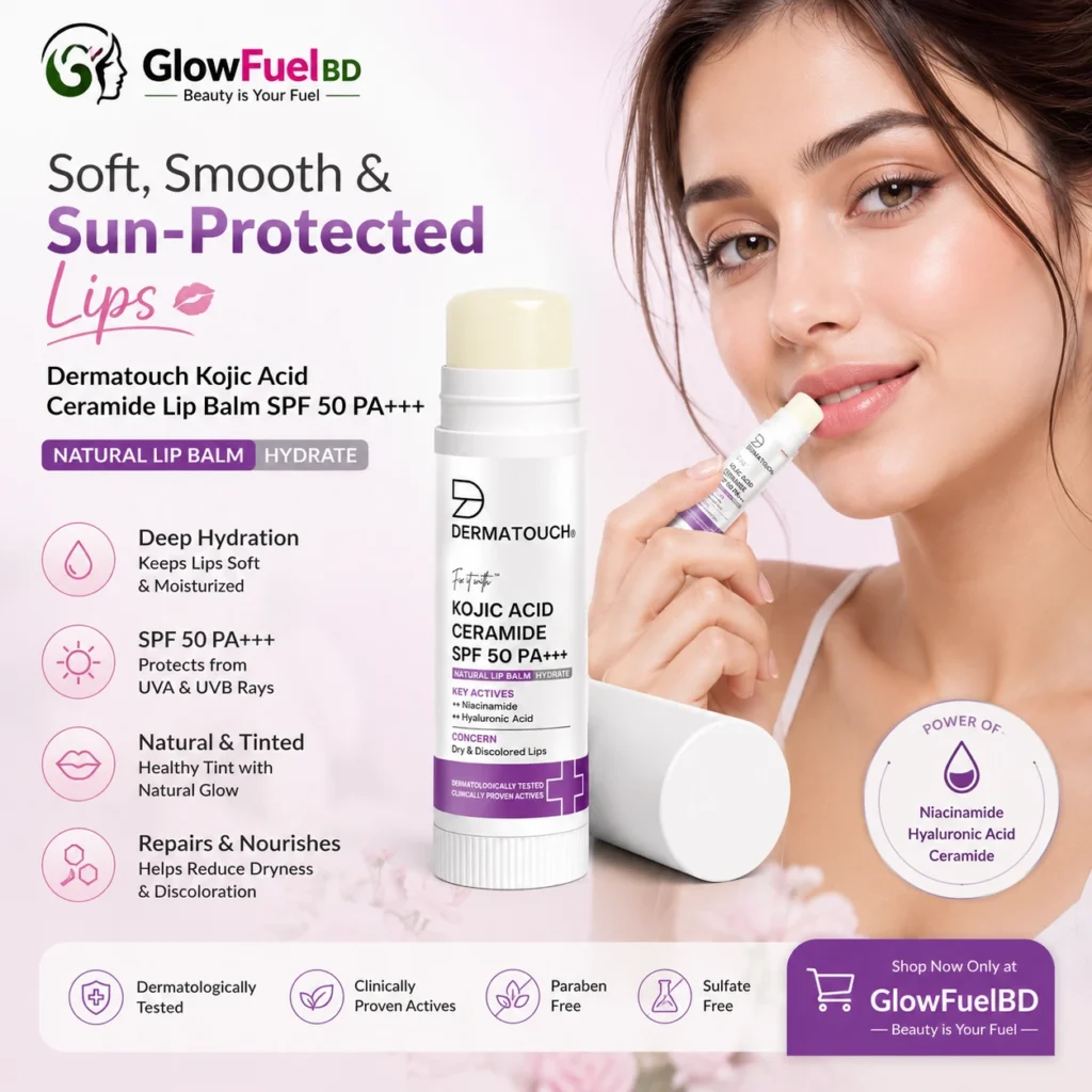 Dermatouch Kojic Acid Natural Lip Balm SPF 50 PA+++ for sun-protected, smooth lips available on GlowFuelBD