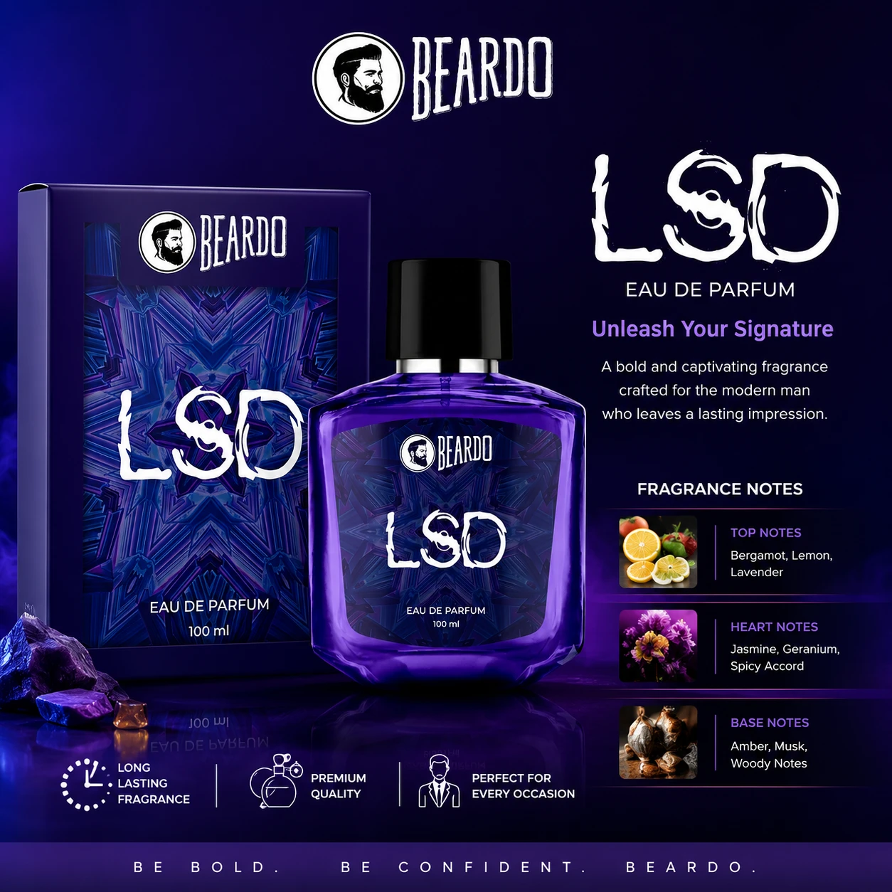 Beardo LSD Eau De Parfum 100ml bottle with packaging box displaying fragrance notes of Bergamot, Jasmine, Spicy Accord, Amber, and Musk