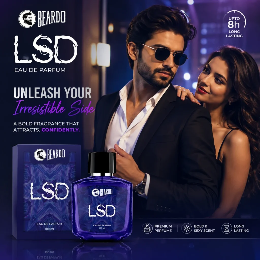 Beardo LSD Eau De Parfum 100ml bottle with box next to a stylish man in a suit with sunglasses and a woman leaning on him