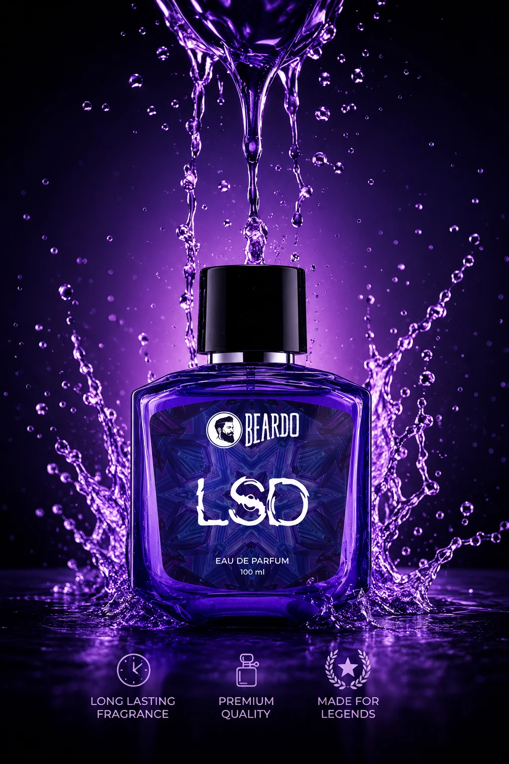 Beardo LSD Eau De Parfum 100ml glass bottle with vibrant purple liquid splash and dynamic water droplets on a dark background