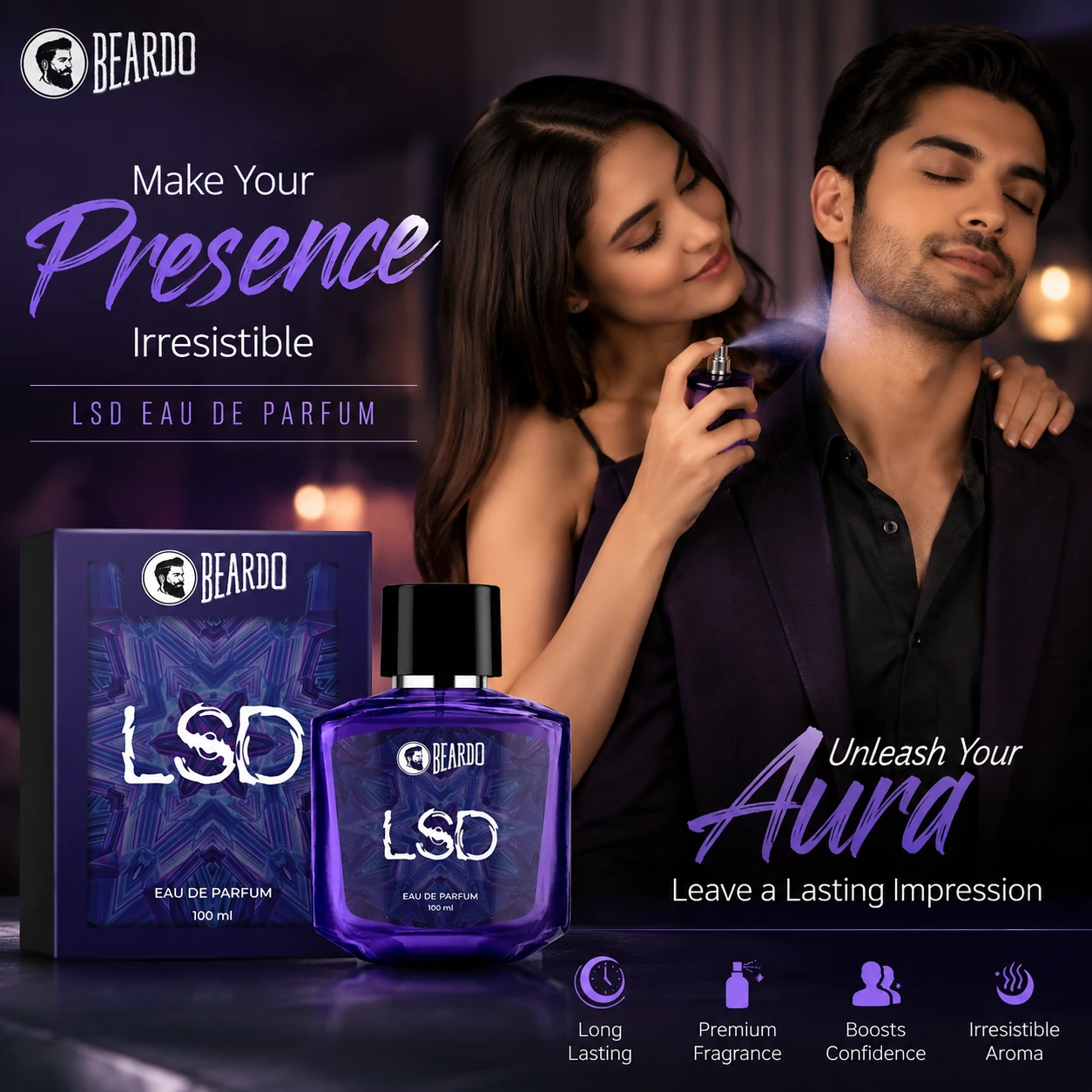 Beardo LSD Eau De Parfum 100ml bottle and packaging box with a woman spraying perfume on a man's neck