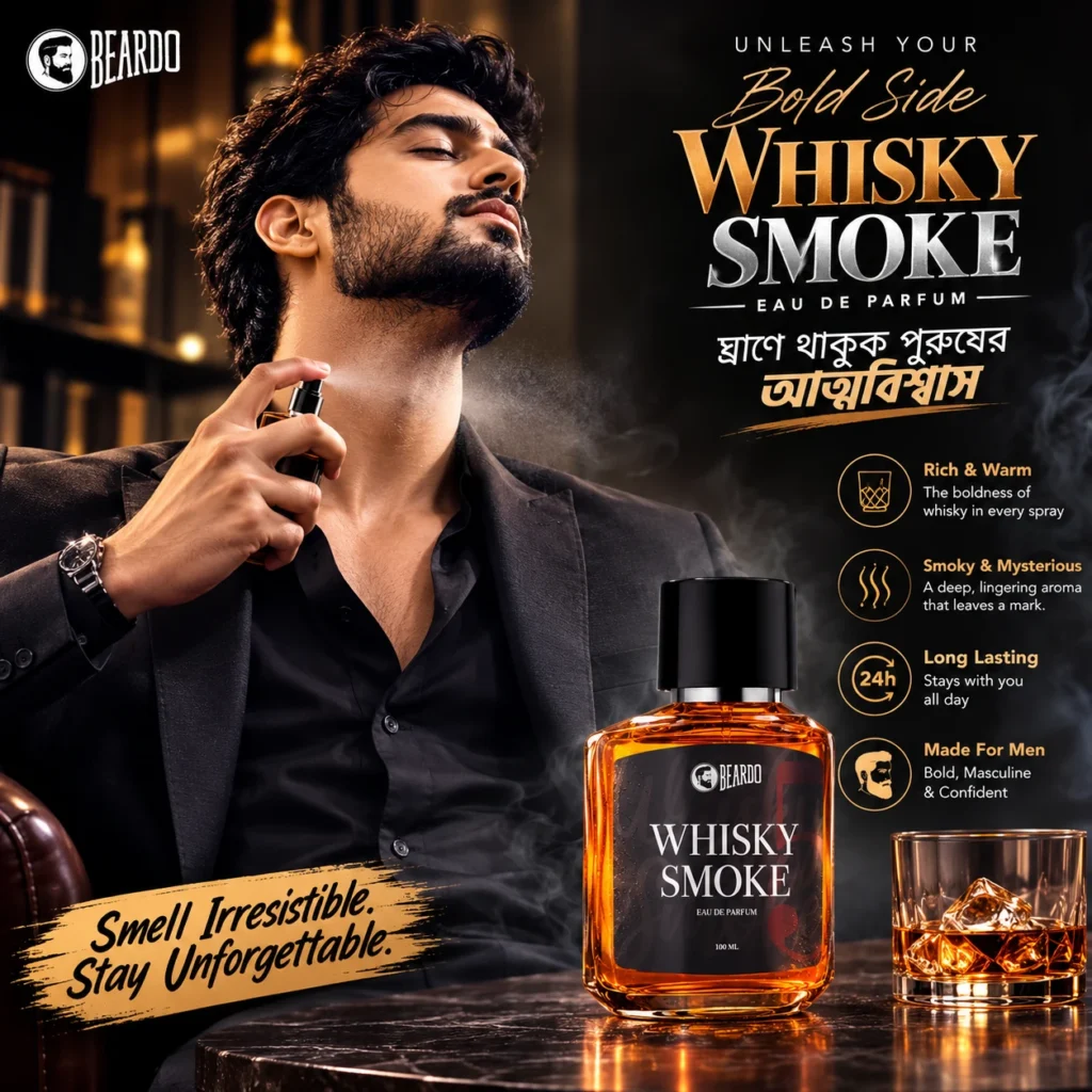 Beardo Whisky Smoke Eau De Parfum bottle alongside a stylish man applying perfume