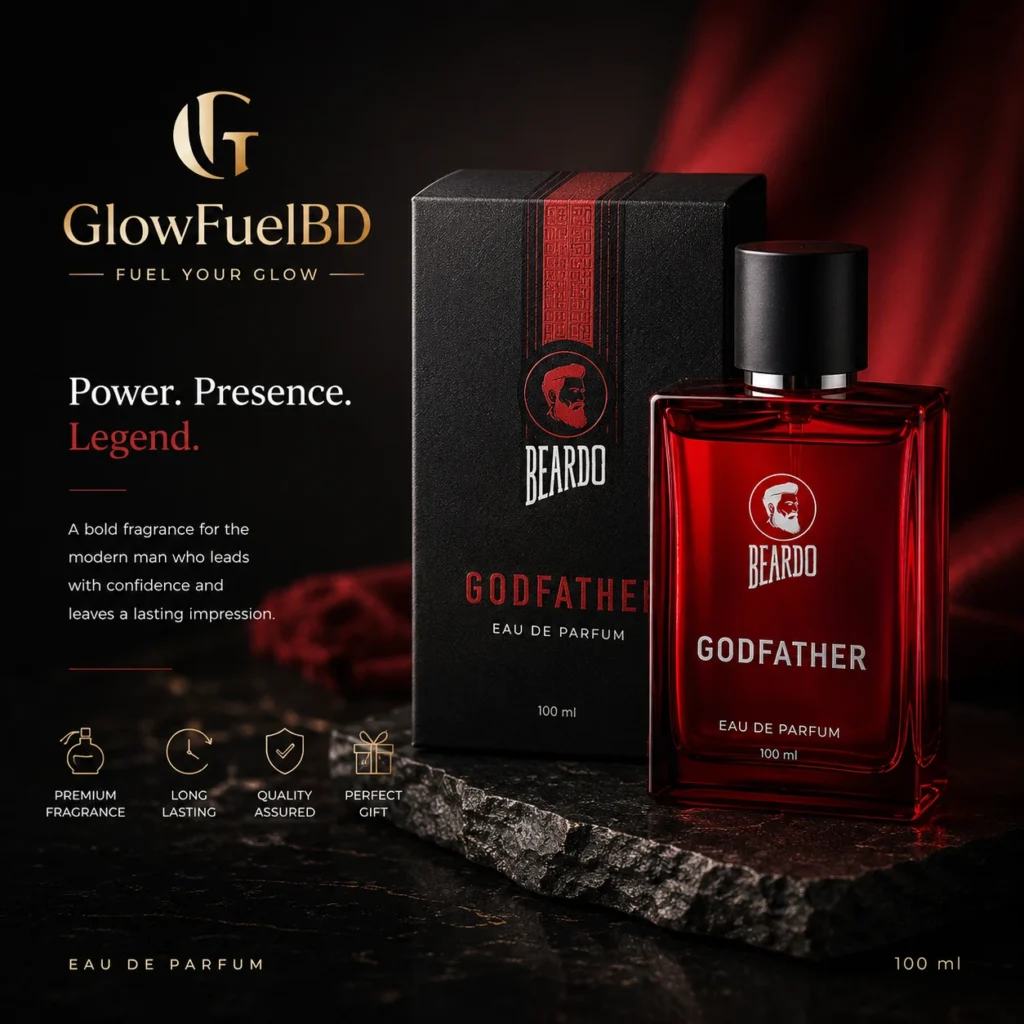 Beardo Godfather Eau De Parfum 100ml red glass bottle and black box presented by GlowFuelBD on a dark stone pedestal.