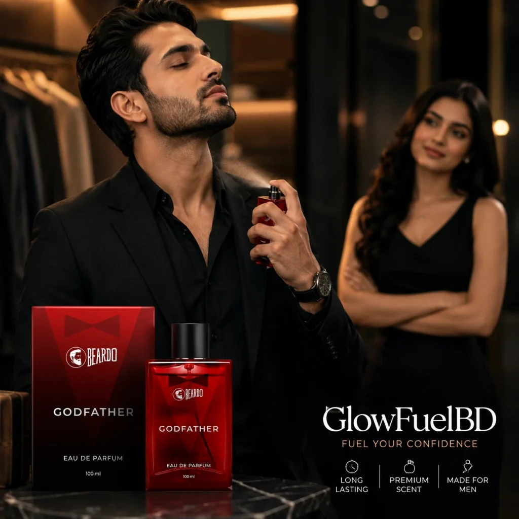 A stylish man applying Beardo Godfather Eau De Parfum on his neck while a woman stands in the background, with the perfume bottle and box in the foreground, provided by GlowFuelBD.