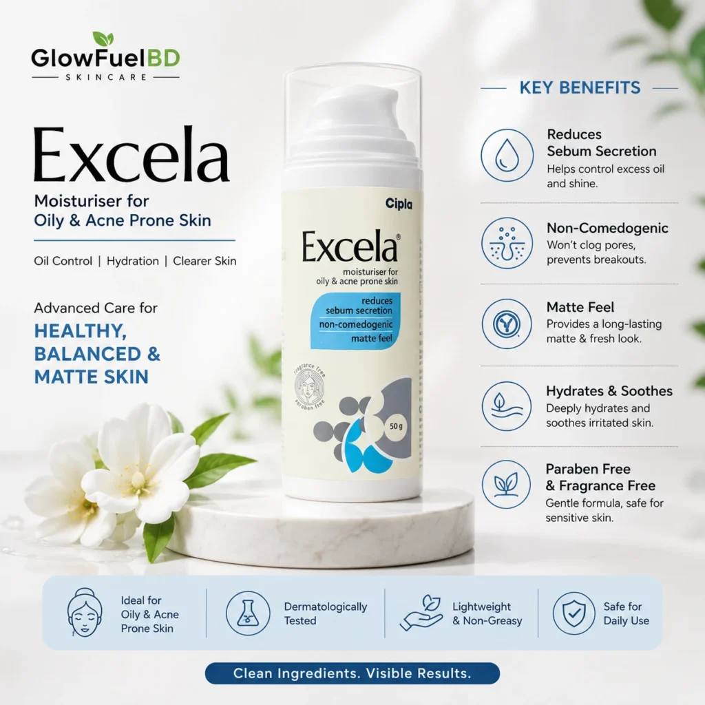 Cipla Excela Moisturiser key benefits for oily and acne-prone skin infographic - check Cipla Excela Moisturiser Price in Bangladesh on GlowFuelBD.