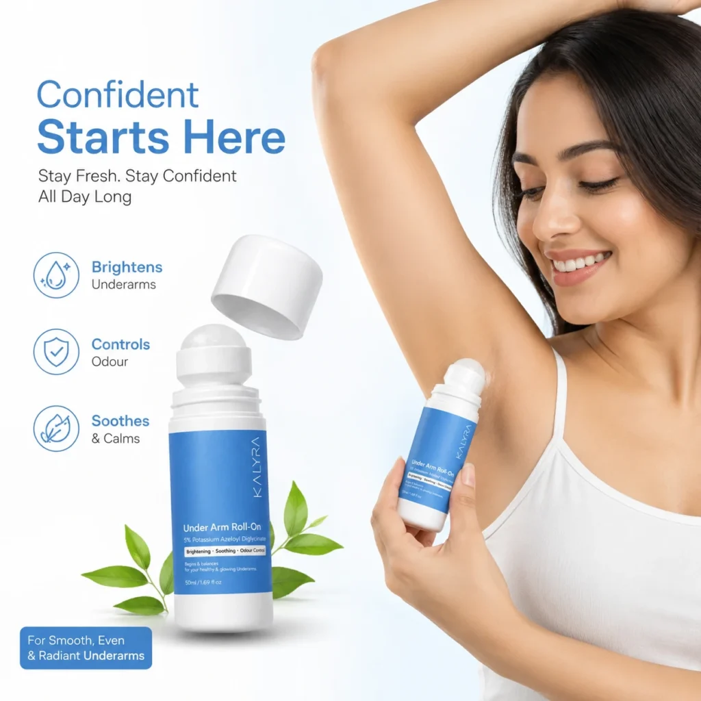 Infographic showing Sayy Kalyra Underarm Roll-On benefits including skin brightening, 48-hour odor control, and post-shave soothing care at GlowFuelBD