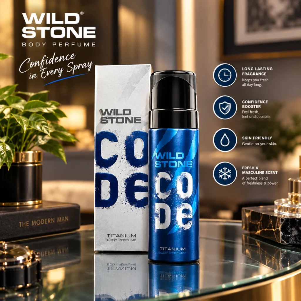 Wild Stone CODE Titanium Body Perfume placed on an elegant glass table with a premium luxury background, featuring long-lasting fragrance, confidence boost, skin-friendly wear, and fresh masculine scent.