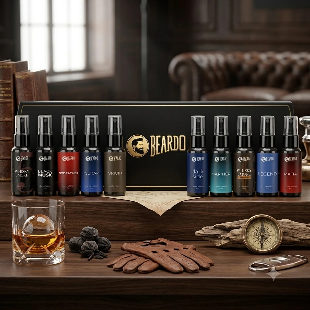 Beardo luxury perfume gift set featuring 10 mini perfume bottles lined up on a wooden desk with luxury accessories