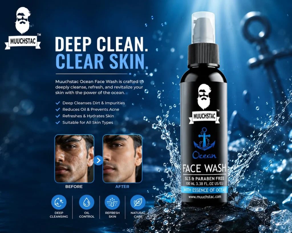 Muuchstac Ocean Face Wash for men showing before and after clear skin results