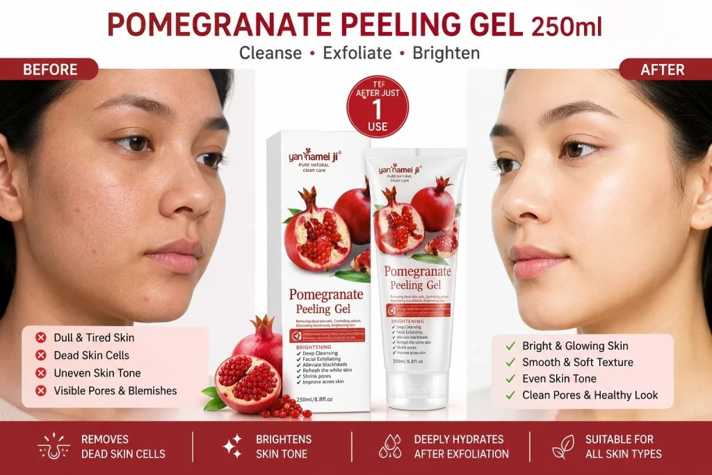 Pomegranate Peeling Gel before and after results showing brighter, smoother and healthier-looking skin after gentle exfoliation.