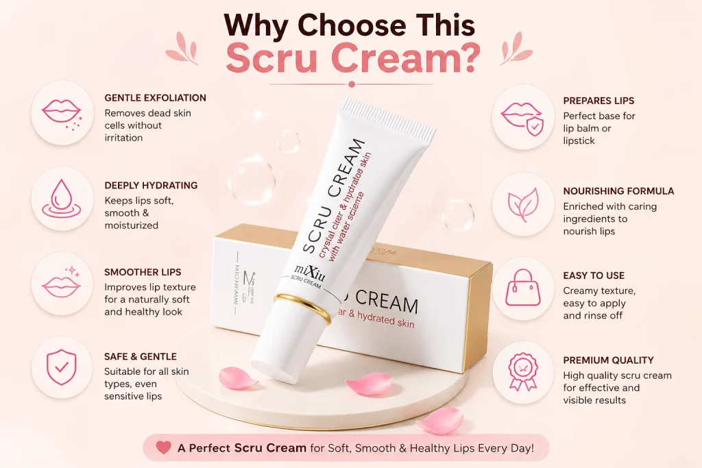 Why choose scru cream infographic showing the key benefits of Mixiu Lip Scrub Cream 11.5gm including gentle exfoliation, hydration, smoother lips, and premium quality.